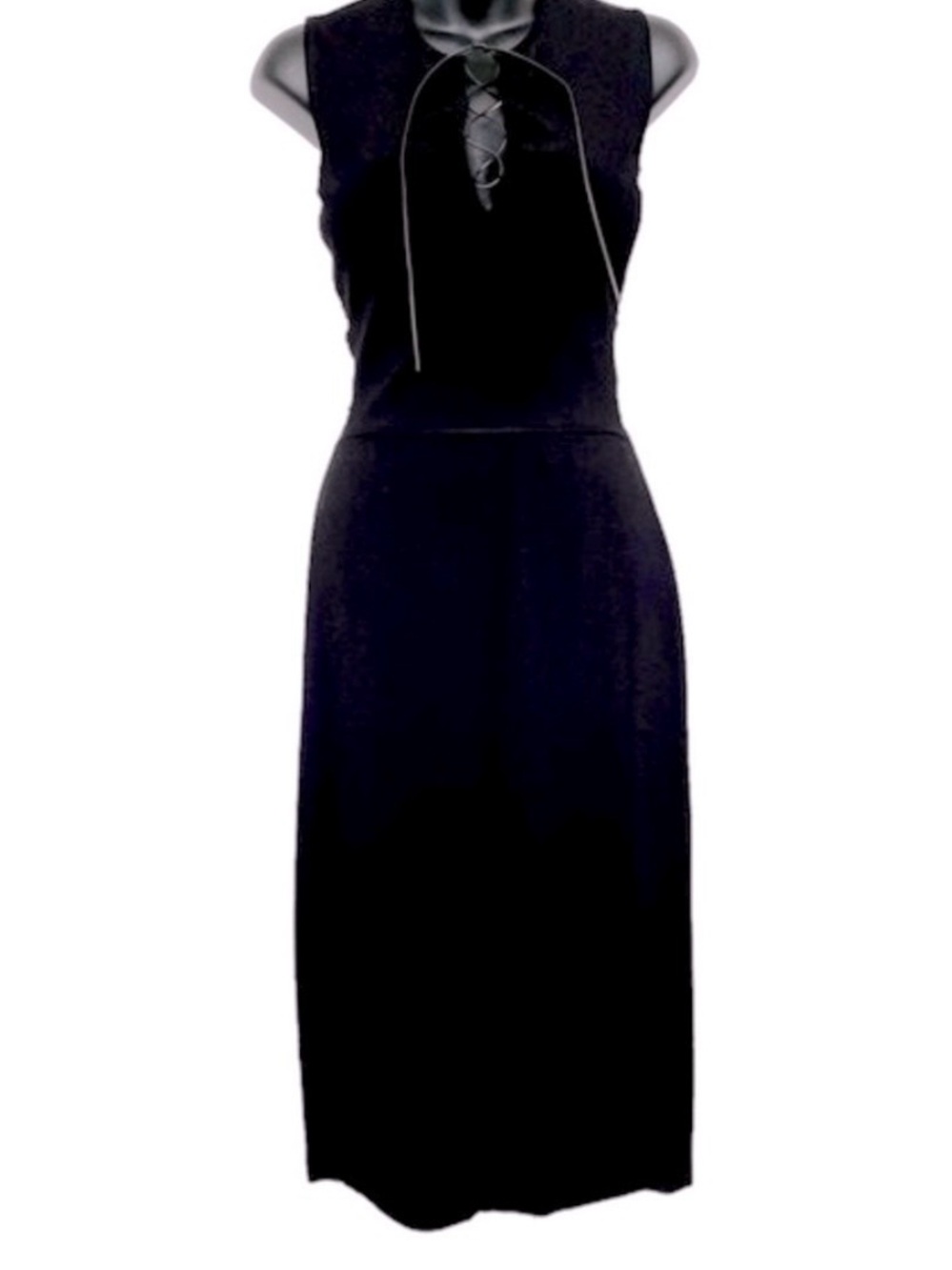 Vintage Gucci Black Sheath Dress Leather Lace-Up Neck Ruched Designer Dress Med - Picture 3 of 12